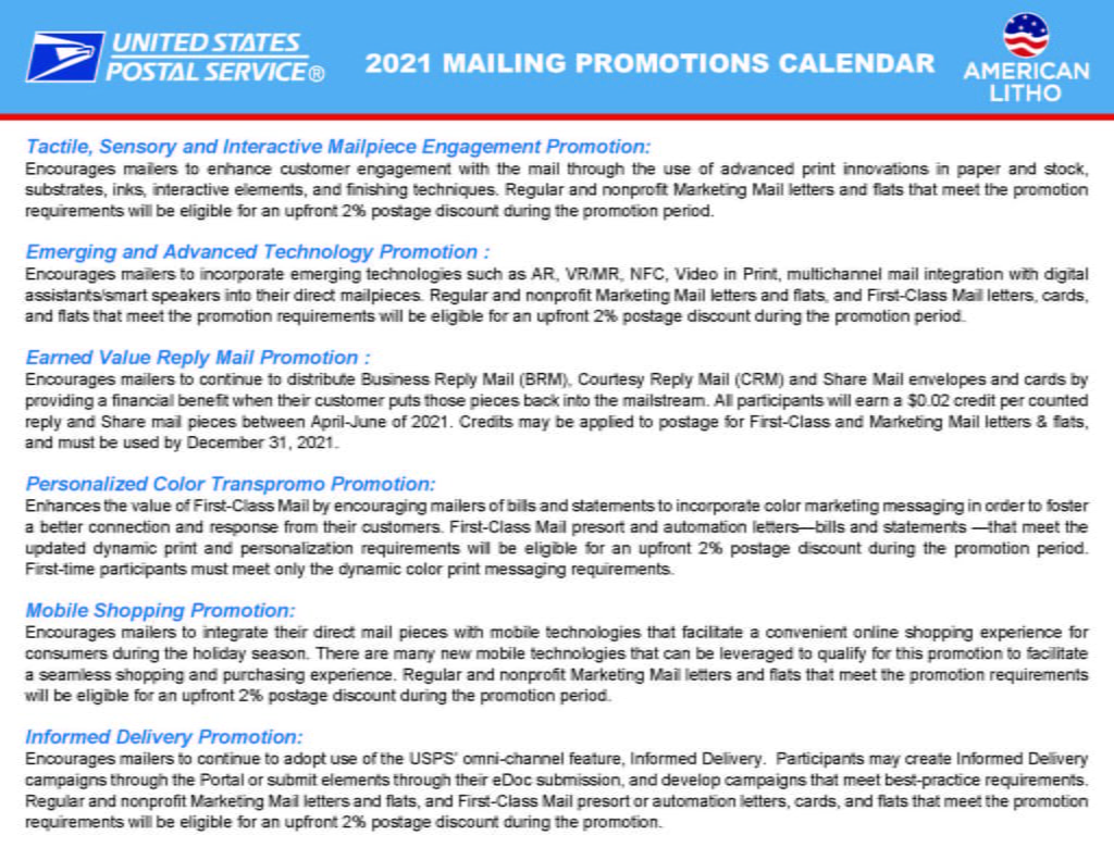 2021 ALI Promotions Calendar Descriptions- American Litho - Direct Mail - Carol Stream - IL