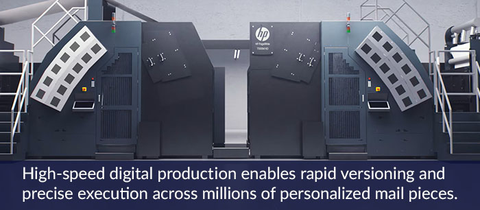 High-speed digital product ion enables rapid versioning and precise execution across millions of personalized mail pieces.